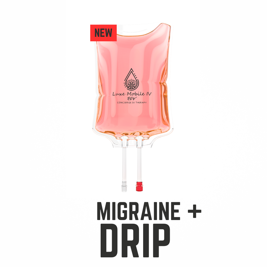 Pink IV bag labeled 'Migraine + Drip' with 'Luxe Mobile IV' branding on a white background.