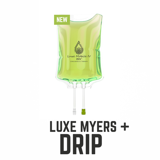 Green Luxe Mobile IV bag with 'Luxe Myers + Drip' branding on a white background