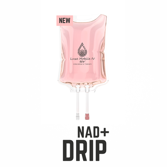 Pink IV bag labeled 'NAD+ Drip' on a white background