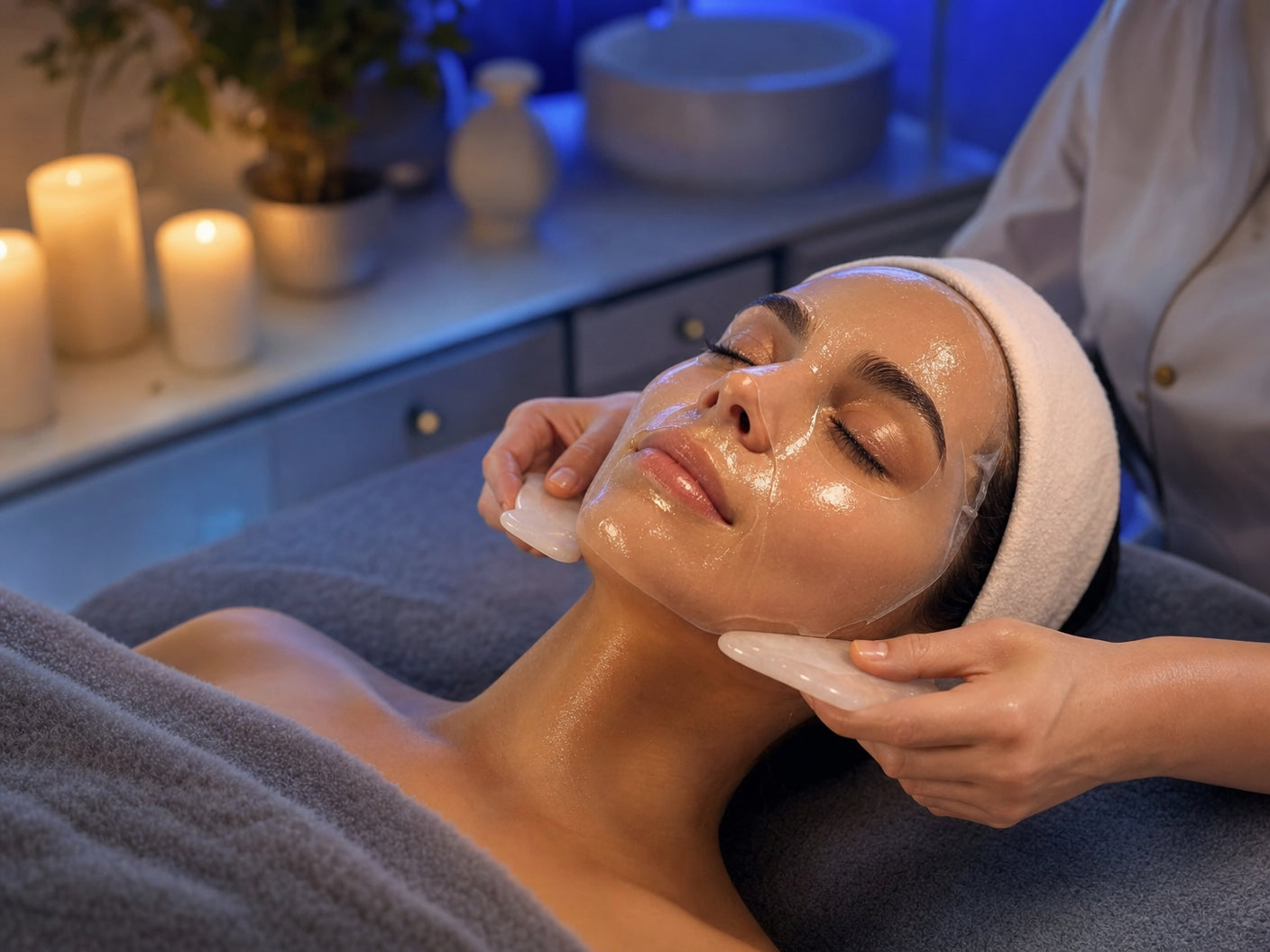 Woman relaxing during a signature Luxe facial treatment